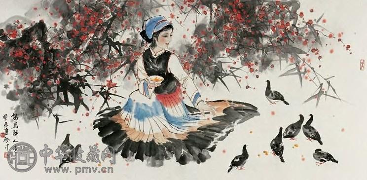 伍启中 癸未(2003年)作 鸽鸟解人意 镜心 设色纸本