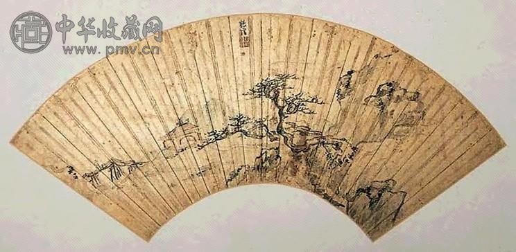 张复 山水 扇面 设色金笺