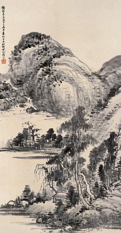 萧俊贤 1917年作 江柳村舍图 立轴 墨色纸本