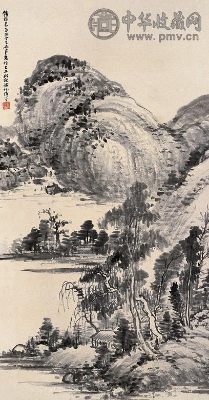 萧俊贤 1917年作 江柳村舍图 立轴 墨色纸本