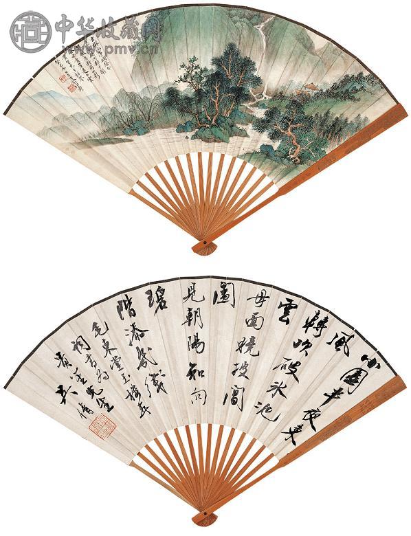 俞子才 吴湖帆 古林幽涧图 行书古诗 成扇 设色纸本
