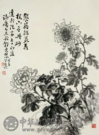 邓怀农 菊花 镜框 墨色纸本