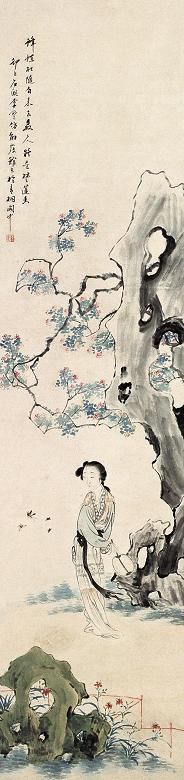 李墅 执扇扑蝶 立轴 设色纸本