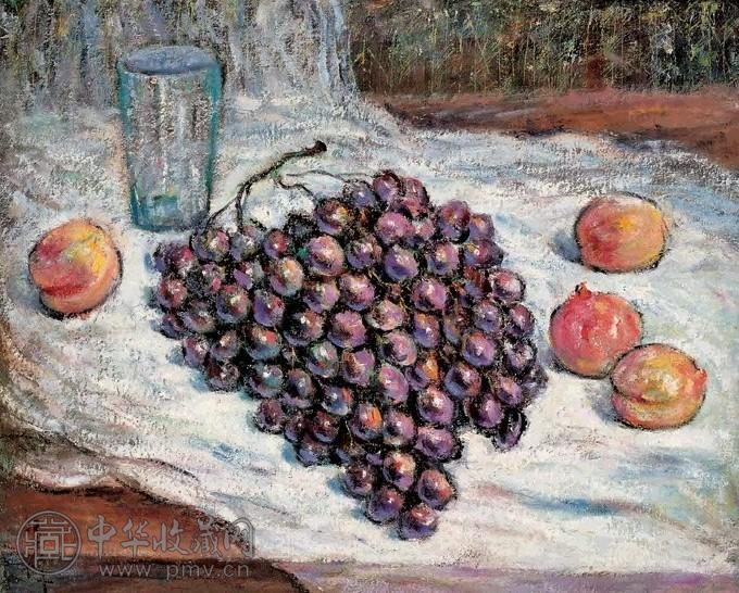 胡善余 葡萄与玻璃杯 油画画布