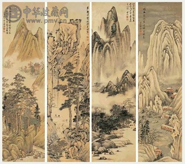 李誉 山水 四屏 设色纸本