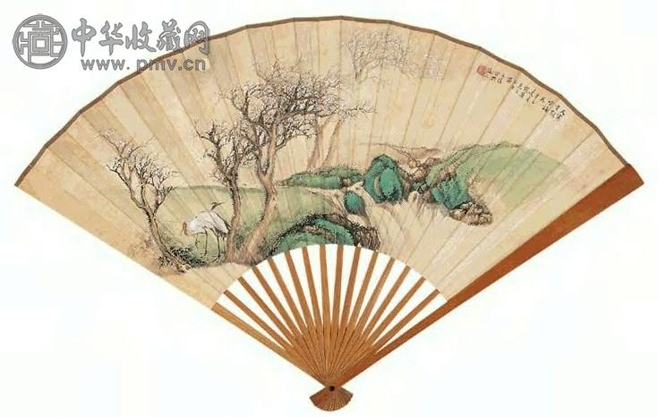 戴元俊 辛巳(1941) 梅鹤图 行书 扇面 设色纸本