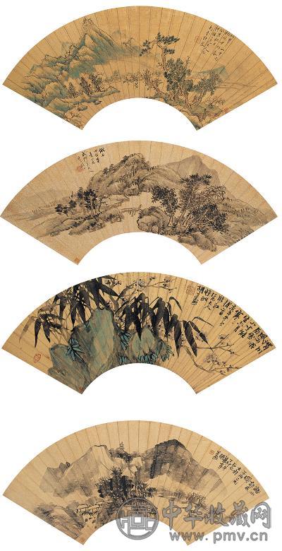 胡公寿 许凤 顾沄 山水(4件) 扇片镜心 墨色金笺