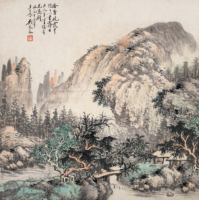 吴琴木 1941年作 苍峰晓霞图 镜片 设色纸本