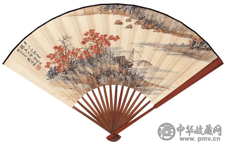 吴湖帆 蒋维崧 1948年作 半江红树 金文 成扇 设色纸本