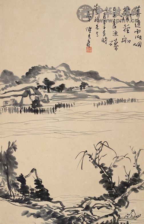 潘天寿 1945年作 南湖轻舟图 立轴 墨色纸本