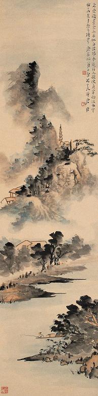 唐云 1940年作 拟方从义山水 立轴 设色纸本