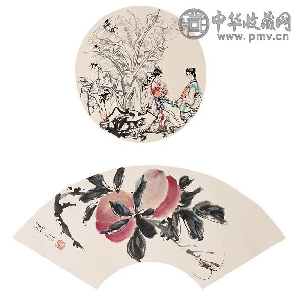 姚有信 潘然 花卉人物 立轴 设色纸本
