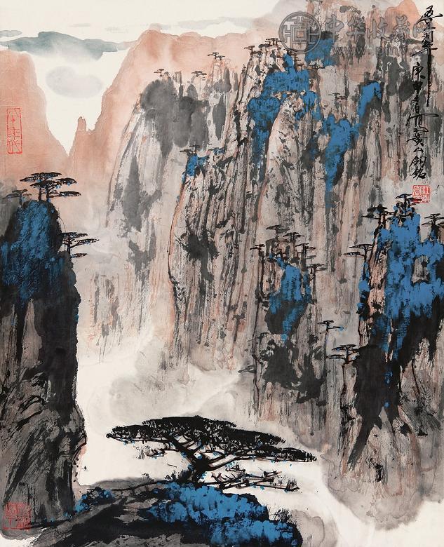 秦剑铭 1980年作 叠翠图 立轴 设色纸本
