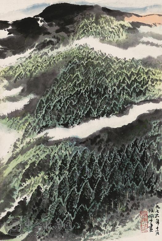 陆俨少 1976年作 春山绿树 立轴 设色纸本