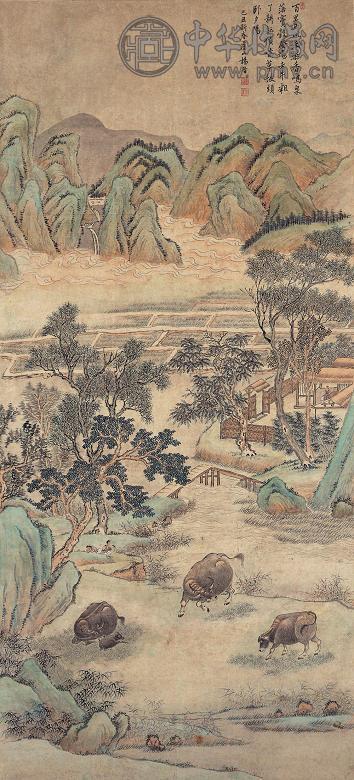 杨晋 1709年作 郊原放牧 立轴 设色纸本
