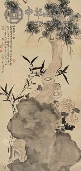 张澎 1878年作 松菊延年 立轴 设色绢本