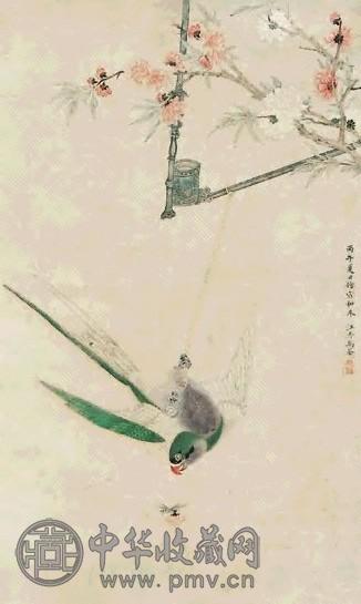 马荃 红桃珍禽图 立轴 纸本