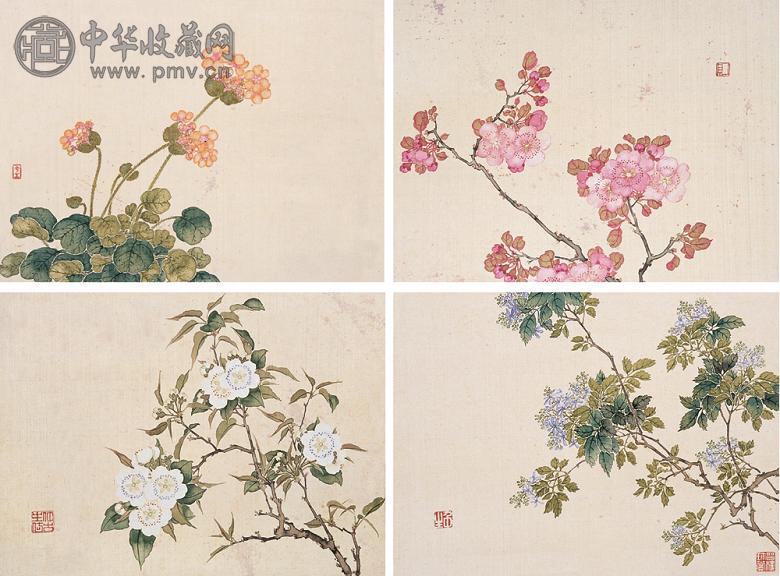 容祖椿 花卉 册页(24开选4) 设色绢本