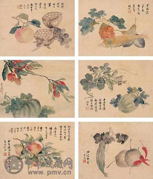 倪耘 蔬果 册页(6开) 设色绢本