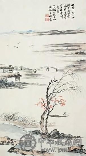 陈豪 山野垂钓图 立轴 设色纸本