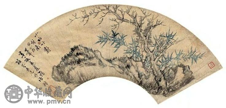 王昉 1851年作 竹石寒木图 轴 设色洒金笺本