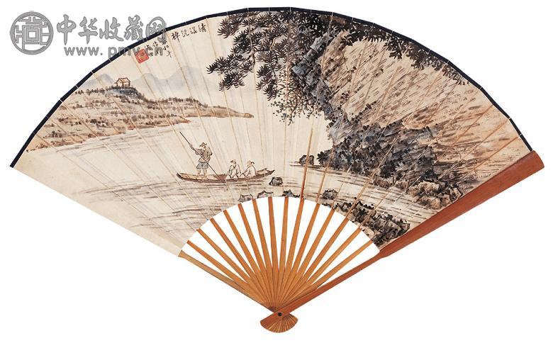 袁松年 清溪泛棹 成扇 设色纸本