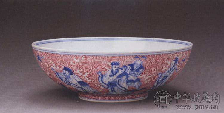 清道光 青花胭脂红彩八仙图碗