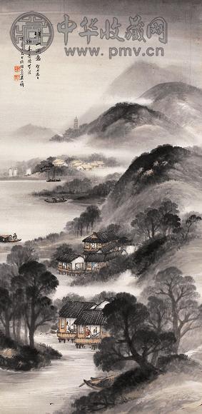 吴石僊 湖山雨意 镜心 设色纸本