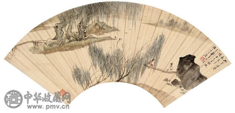 郑午昌 辛巳(1941年)作 柳岸寻诗扇片双挖 立轴 设色纸本