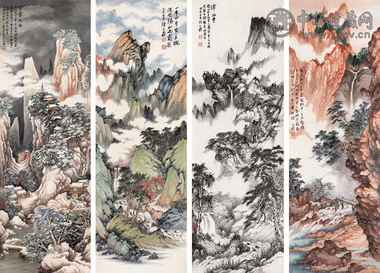 陆元鼎 春夏秋冬 四屏 设色纸本