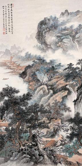 朱梅邨 1949年作 碧云岩壑 立轴 设色纸本