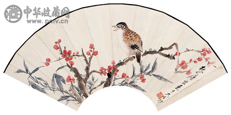 唐云 顾廷龙 花鸟 书法 扇片 设色纸本