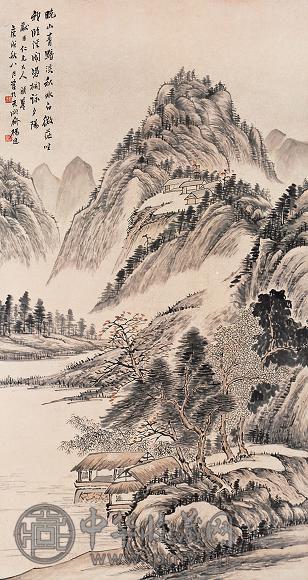 杨逸 1910年作 晚山青旧 立轴 设色纸本