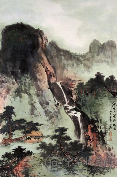 谢稚柳 1977年作 青绿山水 立轴 设色纸本