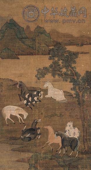 赵雍(款) 八骏图 立轴 绢本