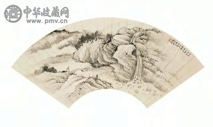 楼辛壶 1940年作 拄杖观瀑 扇面 水墨纸本