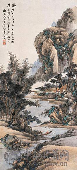 祁大夔 寒江烟树图 立轴 设色纸本