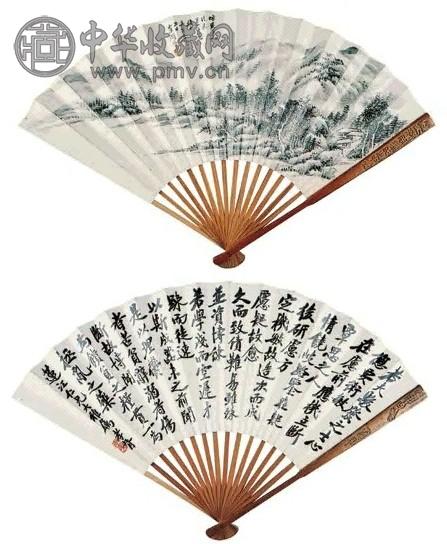 顾西津 山水、书法 扇面 纸本