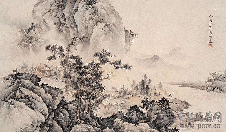 冯忠莲 乙酉(1945年)作 溪山茅舍 镜心 设色纸本