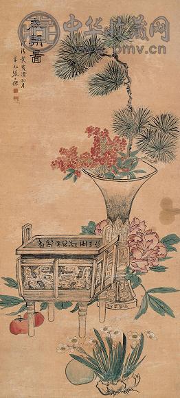 张士保 1863年作 岁朝图 立轴 设色金笺