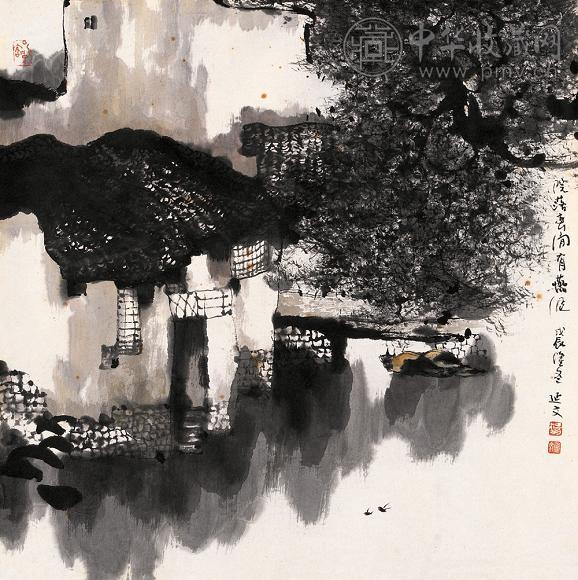 杨延文 1988年作 民居图 单片 设色纸本