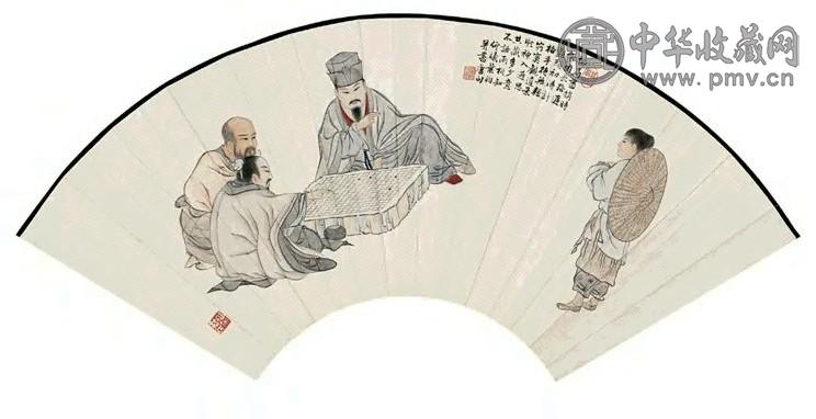 叶昀 观弈图 扇面 设色纸本