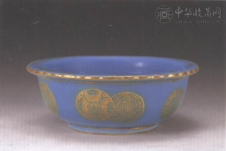 清咸丰 霁蓝釉描金皮球花碗