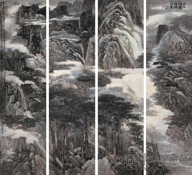 萧海春 桃园别景 四屏 设色纸本