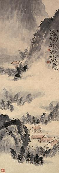 钱松嵒 青山烟雨 立轴 设色纸本