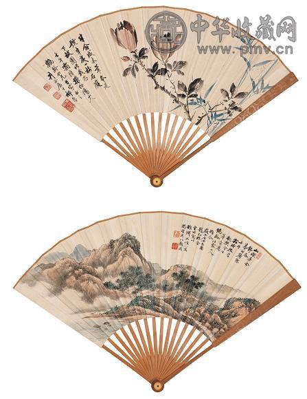 祁大夔 1942年作 山深茅舍 成扇 设色纸本