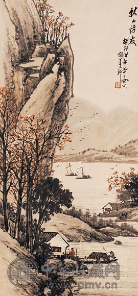 胡郯卿 秋山访友 立轴 设色纸本