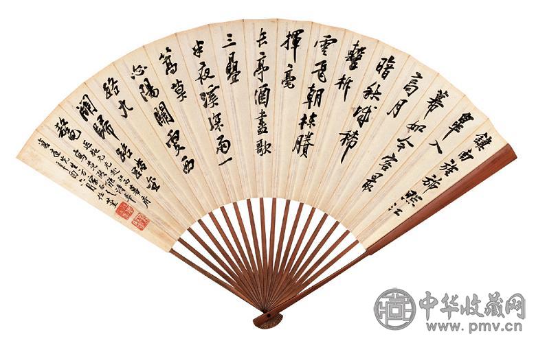 俞原 任堇 1921年作 临流人家图 行书 成扇 设色纸本