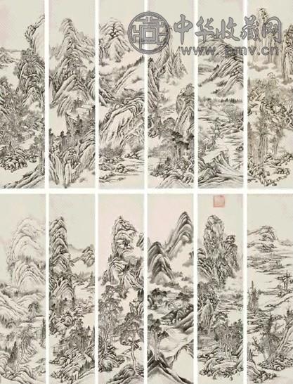 励宗万 山水 十二屏 水墨纸本