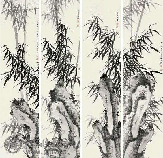 梅振瀛 竹石图 四屏 水墨纸本